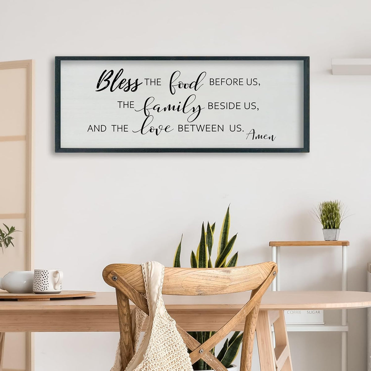 SRSZHIYUE Bless the Food Before Us Wall Sign Decor 40"×15" Christian Bible Verse for Farmhouse Rustic Kitchen Dining Room Framed Wood Scripture Religious Jesus Prayer Wall Art (Black)