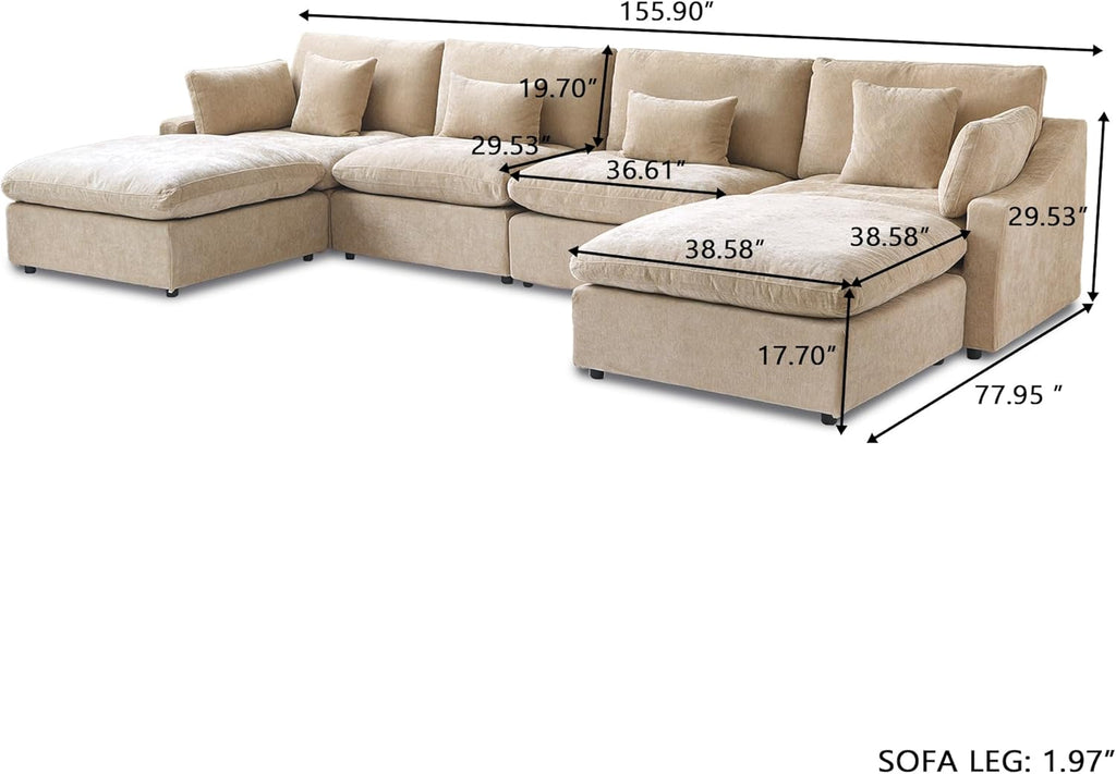 JACH U-Shaped Sectional Couches for Living Room, Cloud Sectional Couch with Deep Seat, 155.9" Modular Sofa with Chaise, Covers Removeable & Washable, Sofas Furniture for Living Room, Khaki