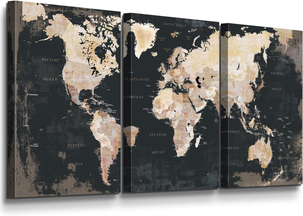 Bedroom Wall Decor Black Wall Art for Living Room Pictures Office Decor for Men World Map for Wall Inspirational Canvas Paintings Framed Artwork