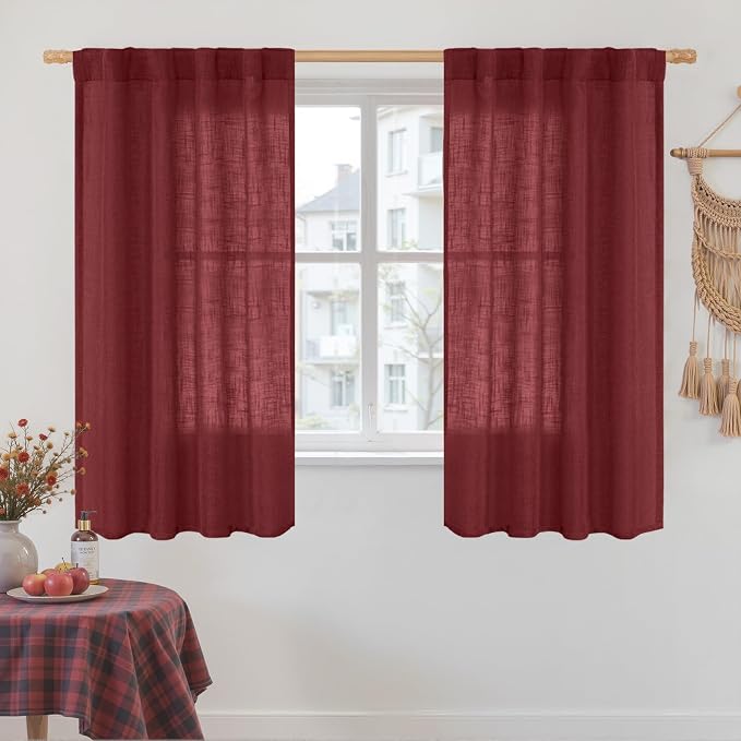 Linen Curtains 48 Inch Length Semi Sheer Light Filtering 2 Panels | Christmas by LAMIT