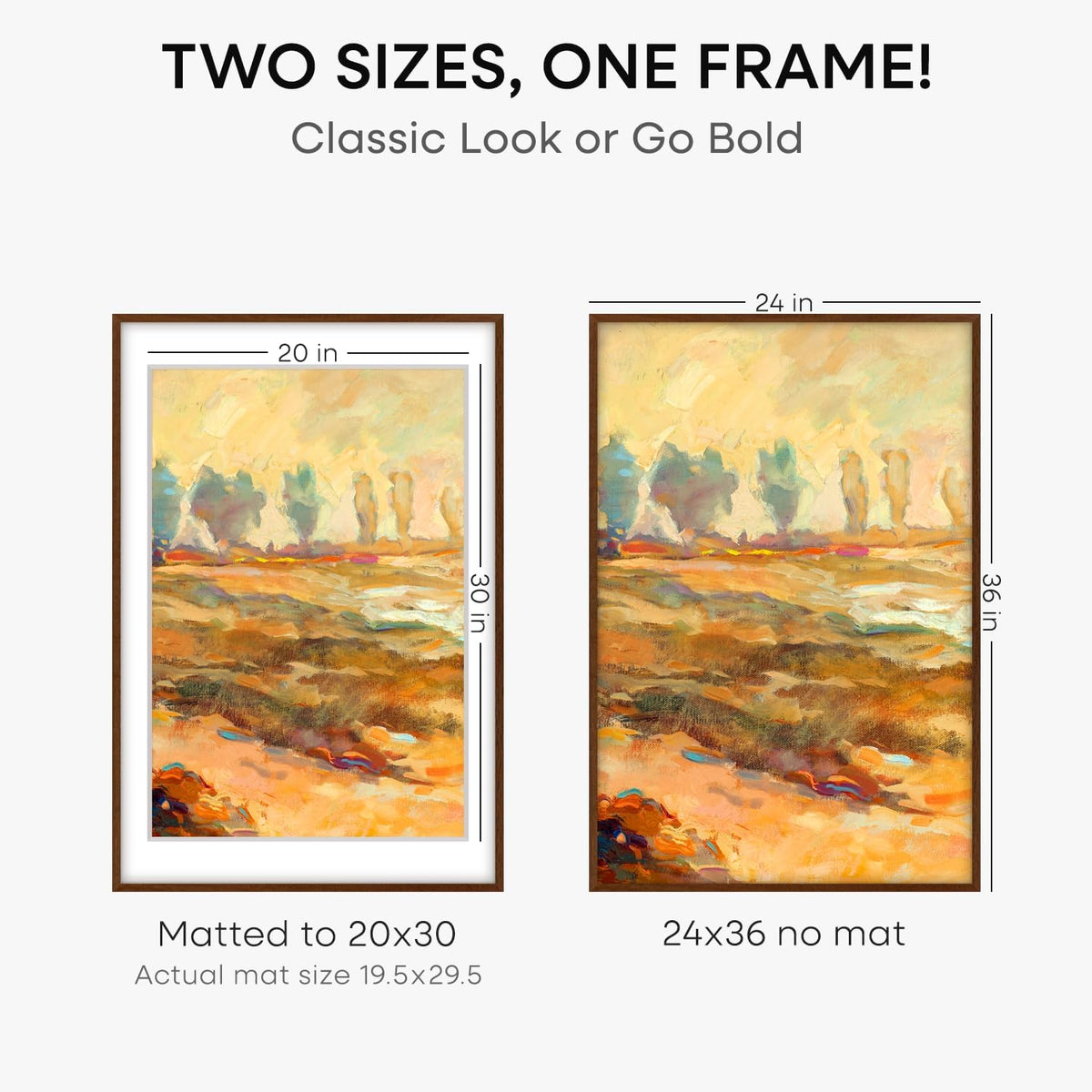 Homeforia 24x36 Walnut Wood Frame, High End Dark Oak 24x36 Large Wooden Poster Frame with Mat 20x30, 24 x 36 Brown Picture Frame Matted to 20 x 30, 36x24 Thin Frame, Tempered Glass, Wall Kit, Set of 1