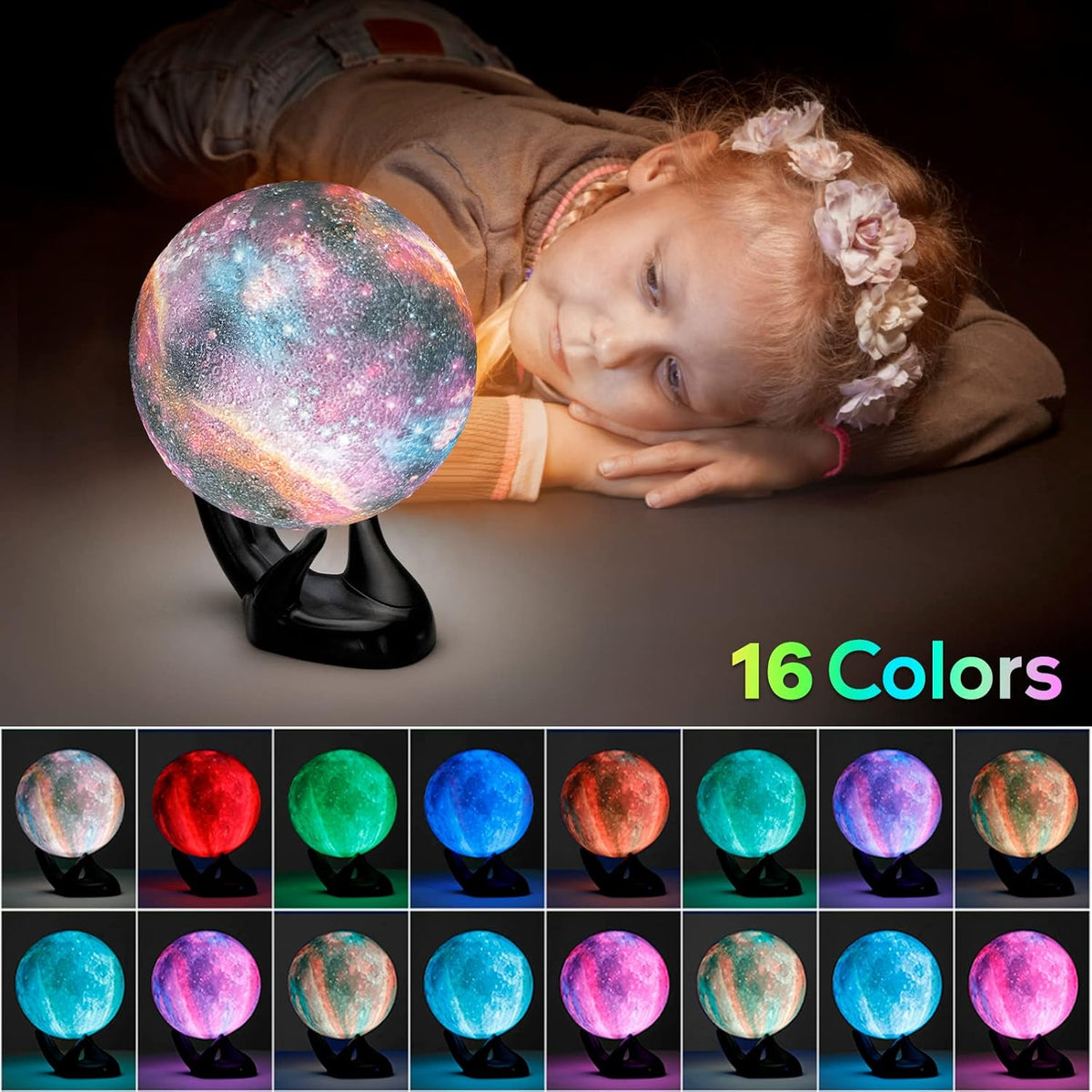 BRIGHTWORLD 7.1inch Galaxy Lamp 16 Colors Moon Lamp 3D Printing, Remote & Touch Control USB Rechargeable, Birthday Gifts for Women Room Decor Aesthetic（Black Hand Base）