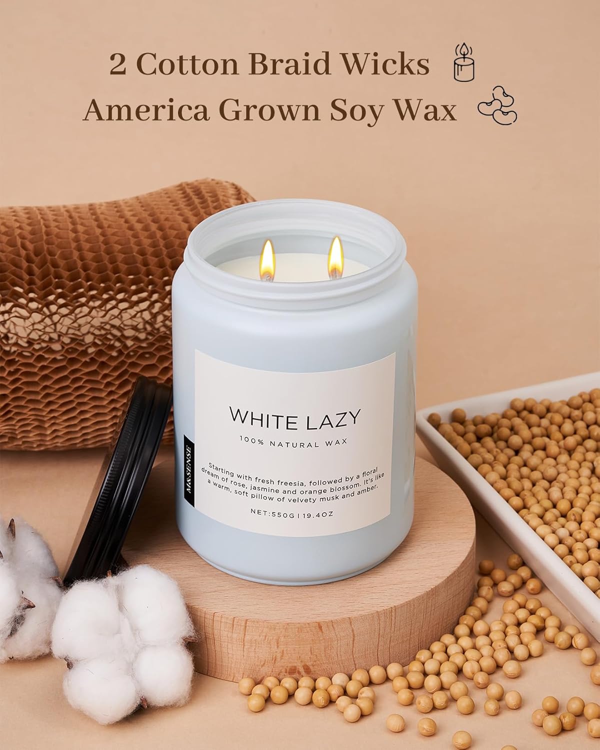 M&SENSE Spring Scented Candle, Jasmine Clean Cotton Soy Wax Large 19.4oz 110 Hour Long Lasting Burning Non Toxic Organic Natural 2 Wick Relaxing Jar Candle for Women