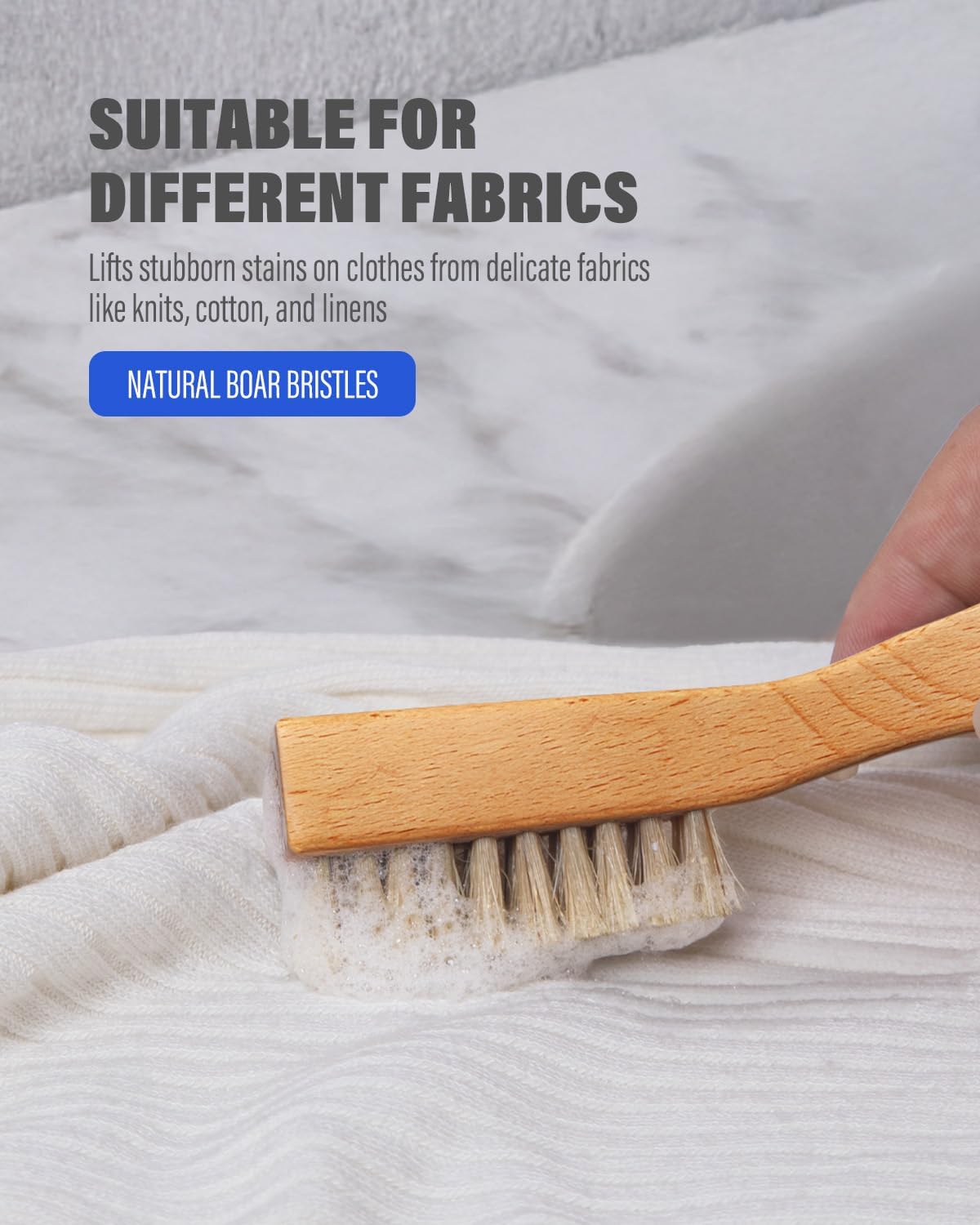 VASSON Natural Soft Boar Bristle Laundry Stain Brush, Laundry Scrub Brush,Laundry Brush for Stains on Clothes, Gentle Stain Remover for Knits, Cotton, and Linens