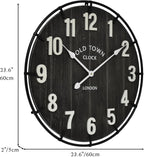 Large Old Town Farmhouse Wall Clock – 24 Inches Rustic Antique Wood with Metal Circle and Large Numerals, Silent Battery Operated Clock for Office, Kitchen, Bedroom, Living Room (Black)