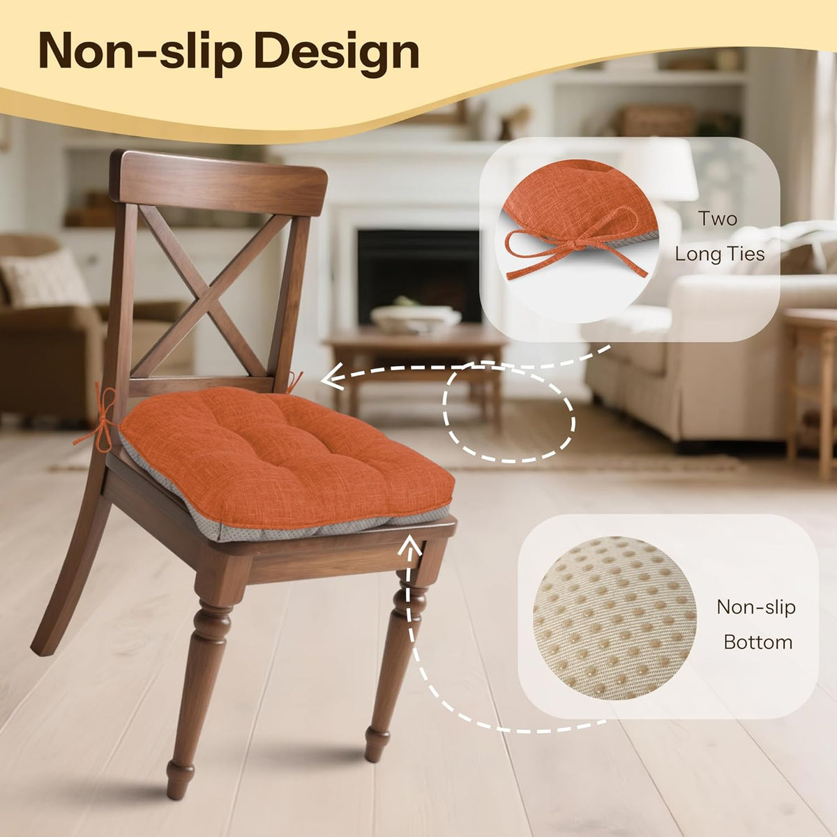 Non Slip Chair Cushions for Dining Chairs Set of 4 Kitchen Chair Cushions 18"x18"x3" Turfted Chair Pads Comfortable and Soft Seat Cushion with Ties, Orange
