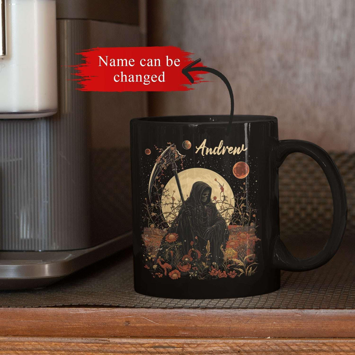Custom Name Coffee Mug, Halloween Inspired Ceramic Cup 11oz 15oz, Personalized Spooky Reaper Coffee Cup, Halloween Character White Mug with Moon and Floral, Gifts for Men, Women