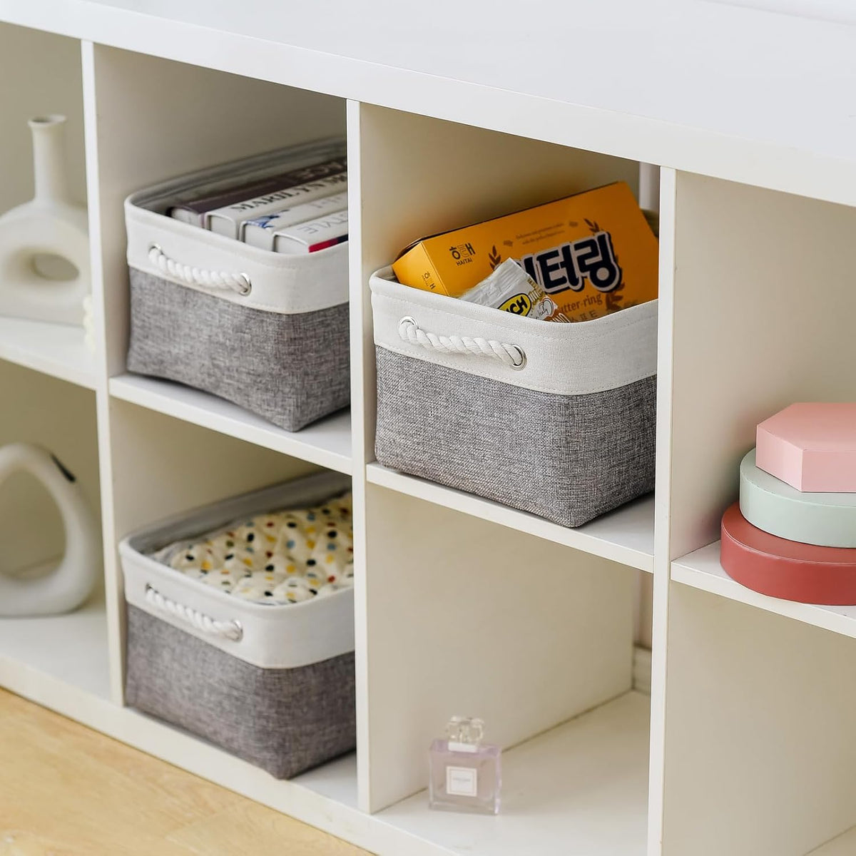 TheWarmHome Storage Bins for Shelves - 13.8L×9.8W×6.7H inch 3 Pack Medium Collapsible Storage Baskets for Organizing | Fabric Storage Cubes for Linen Closet Toy Home (White&Grey)