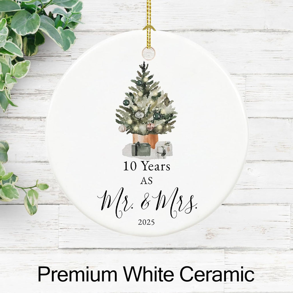 10th Anniversary Ornament Gifts for Couple, 10th Wedding Anniversary for 10 Year as Mr and Mrs Gifts, Ceramic Keepsake 10 Year Anniversary Christmas Ornaments with Ribbon and Box