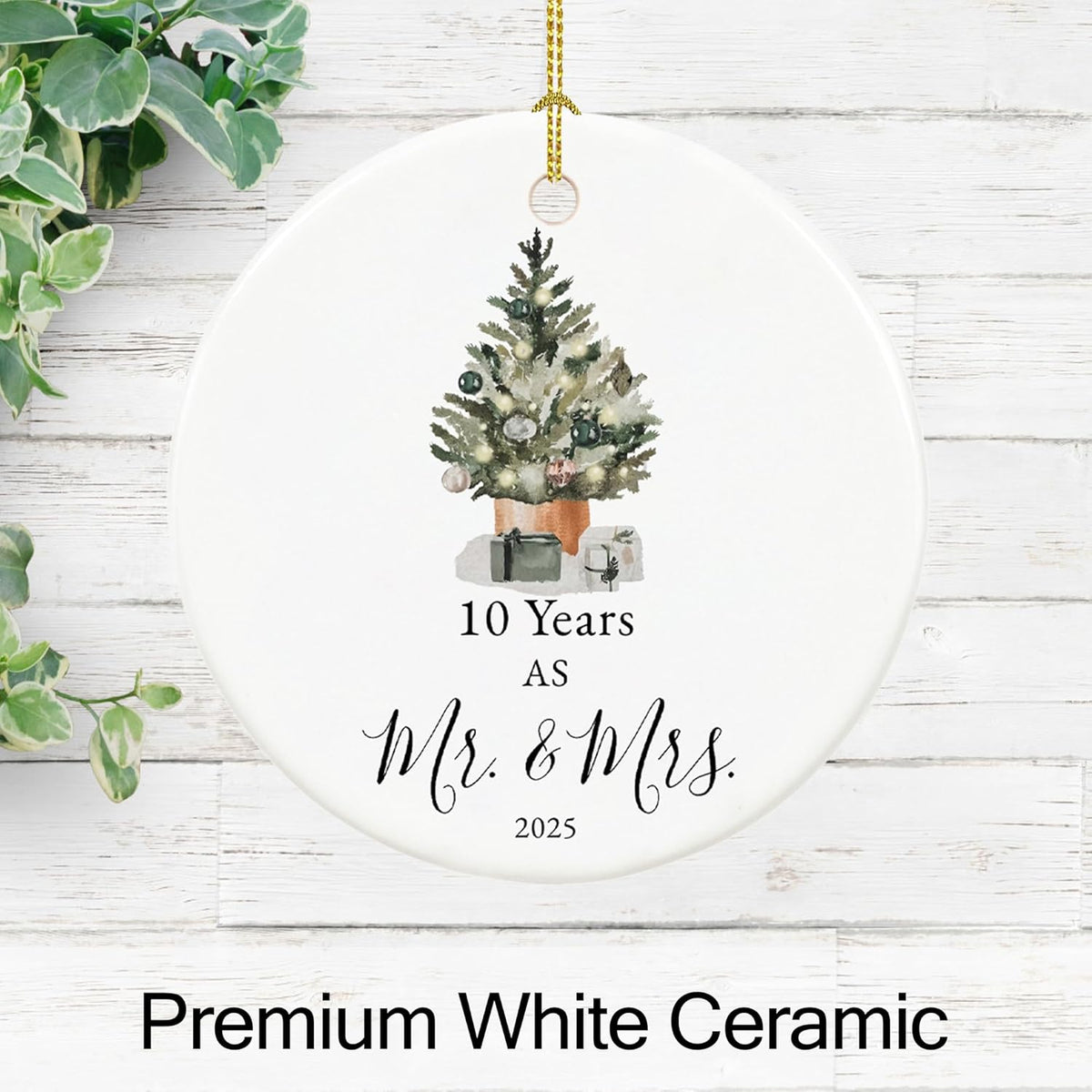 10th Anniversary Ornament Gifts for Couple, 10th Wedding Anniversary for 10 Year as Mr and Mrs Gifts, Ceramic Keepsake 10 Year Anniversary Christmas Ornaments with Ribbon and Box