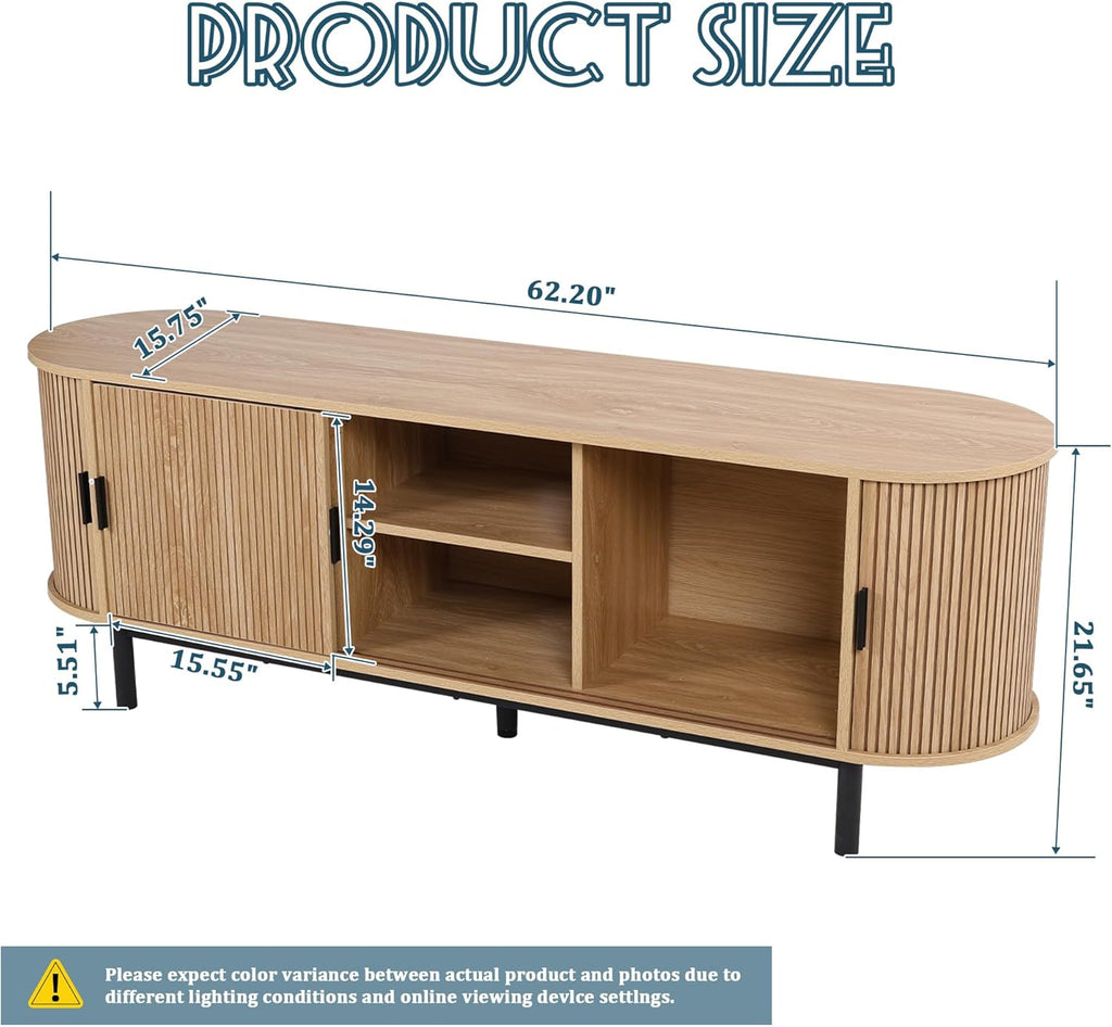 62" Tambour Door TV Stand,Wood Mid Century Modern TV Cabinet for Up to 75“ TV,Curved Edge Long TV Stand with Storage for Bedroom Living Room (Natural, 62.2inch)