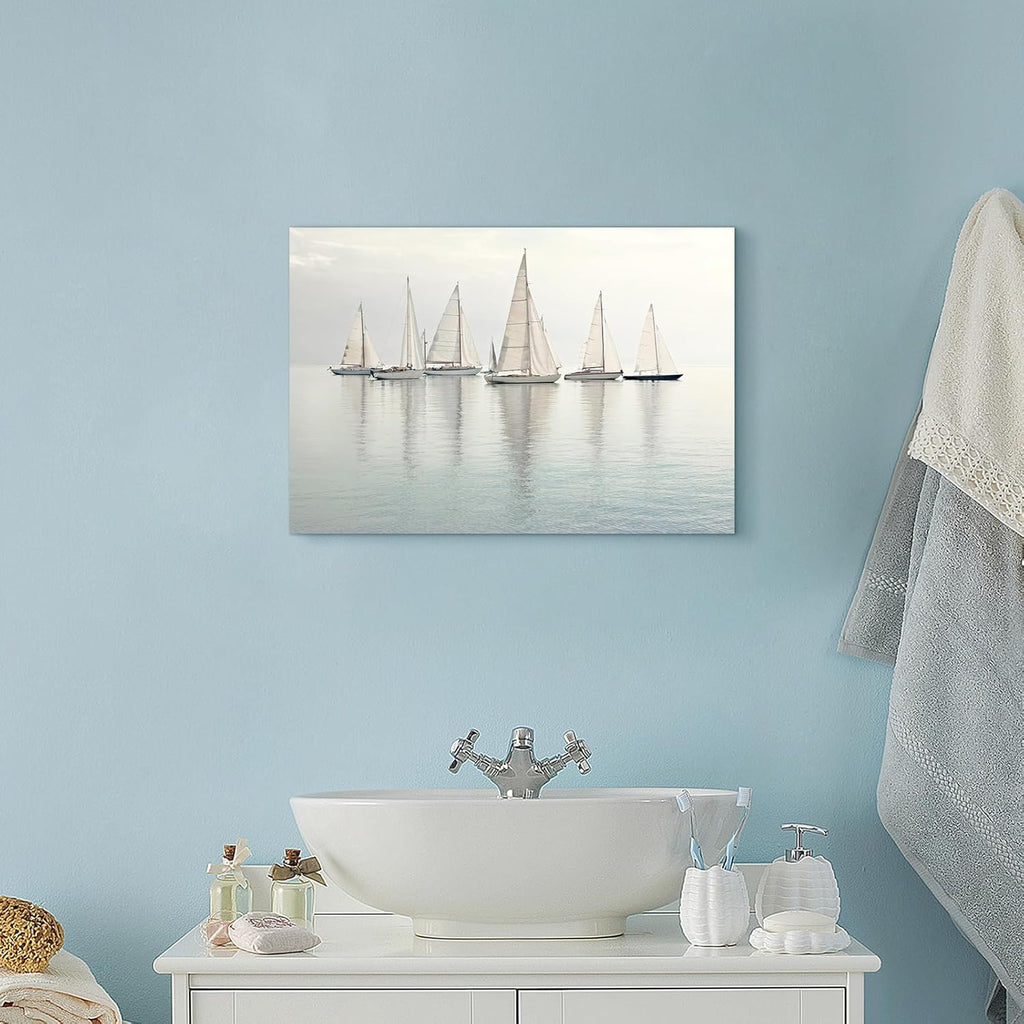 Nautical Sailing Picture Wall Art - Coastal Sailboat Canvas Ocean Ship Prints Sea Level Boat Painting Artwork for Bathroom