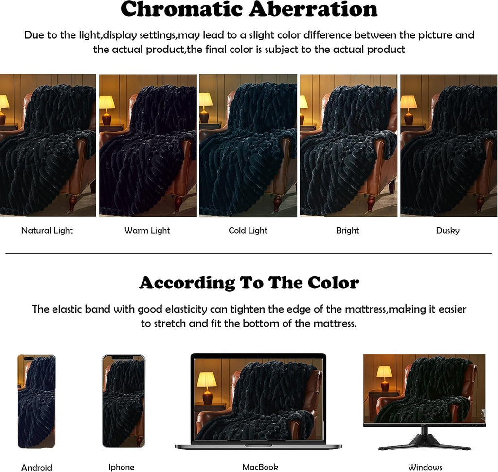 NEWCOSPLAY Faux Fur Throw Blanket Black 3D Ribbed Plush Thick Warm Blanket for Couch Sofa Bed 850GSM (Black Ribbed, Throw(50"x60"))