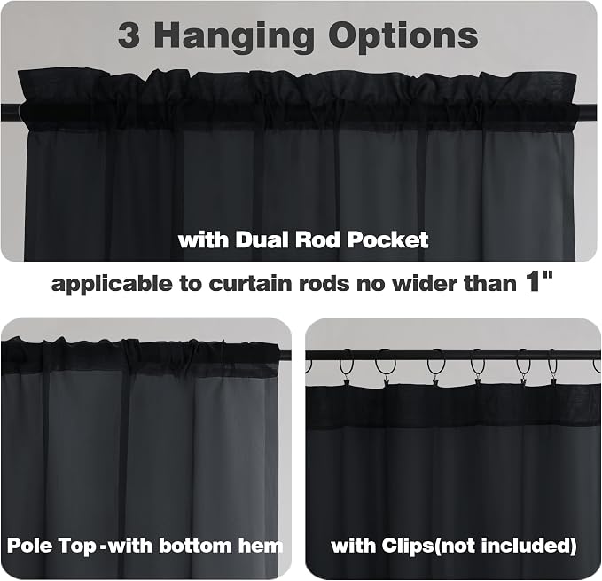 Chyhomenyc Black Sheer Curtains 96 Inches Long 2 Panels, Light Filtering Black - Image 3