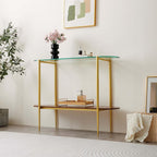 Oval Glass Console Table for Living Room, Foyer & Entrance, 2-Tiers Mid-Century Modern Sofa Table with Clear Glass Top, Walnut Finish Wood Shelf and Gold Finish Frame