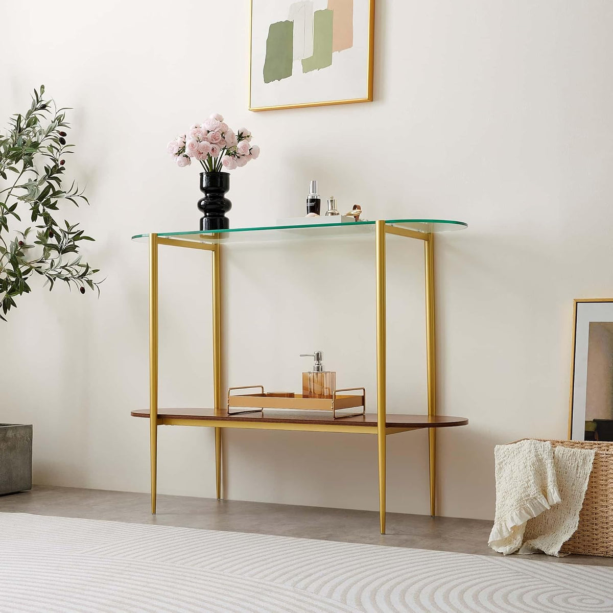Oval Glass Console Table for Living Room, Foyer & Entrance, 2-Tiers Mid-Century Modern Sofa Table with Clear Glass Top, Walnut Finish Wood Shelf and Gold Finish Frame