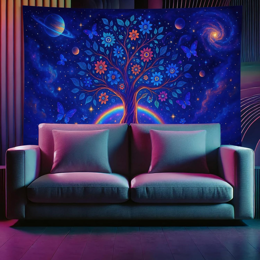 Starlit Patio Cosmic Tree Blacklight Tapestry UV Reactive Wall Hanging Rainbow Roots Flowers and Planets for Bedroom Dorm Living Room Glowing Spiritual Decor Fluorescent Trippy Poster 78 x 59 Inch