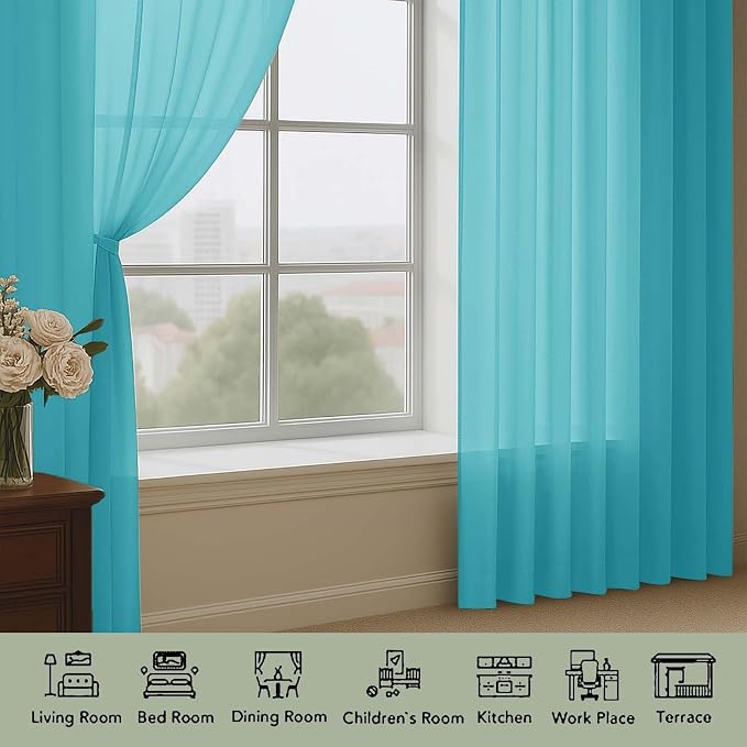 Sheer Turquoise Curtains, Sheer Curtains 63 inch Length 2 Panels Set, Rod - Image 3