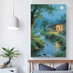 Moonlight under the big tree creek cabin scenery is suitable for posting in the living room bedroom office scenery poster wall painting