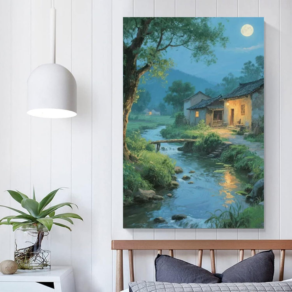 Moonlight under the big tree creek cabin scenery is suitable for posting in the living room bedroom office scenery poster wall painting