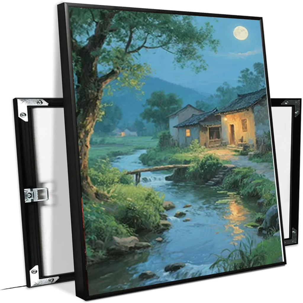 Moonlight under the big tree creek cabin scenery is suitable for posting in the living room bedroom office scenery poster wall painting