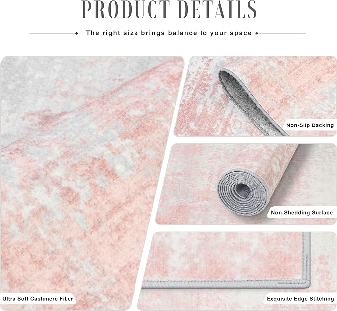2.6x8 Washable Runner Rug：Modern Abstract Soft Carpet Pink White | - Image 5