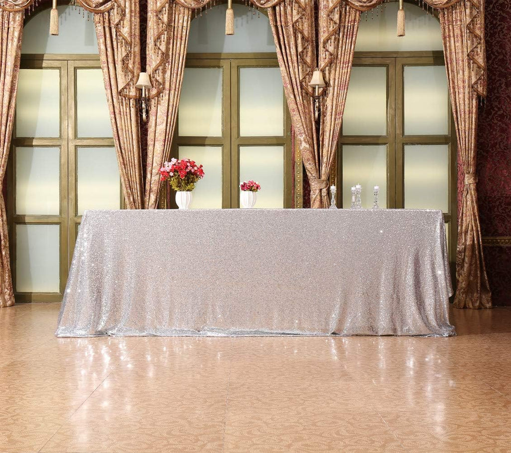 SquarePie Sequin Tablecloth 90 x 156 Inch Silver Sparkly Table Linen for Wedding Party