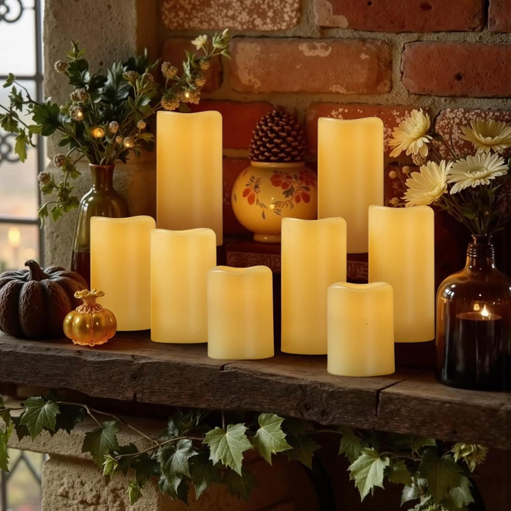 Amagic Waterproof Outdoor Flameless Candles with Timer, Battery Operated Candles with Remote Control, Electric LED Pillar Candle for Outside Patio, Garden, Wedding Decor, D3 x H4 5" 6", Set of 9