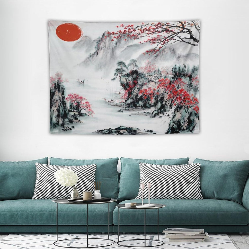 Cherry Blossoms Tapestry, Japanese Red Landscape Asian Watercolor Abstract Art, Bedroom Living Room Decor 40"x30"