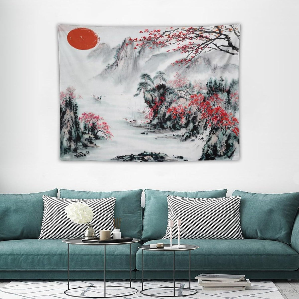 Cherry Blossoms Tapestry, Japanese Red Landscape Asian Watercolor Abstract Art, Bedroom Living Room Decor 40"x30"