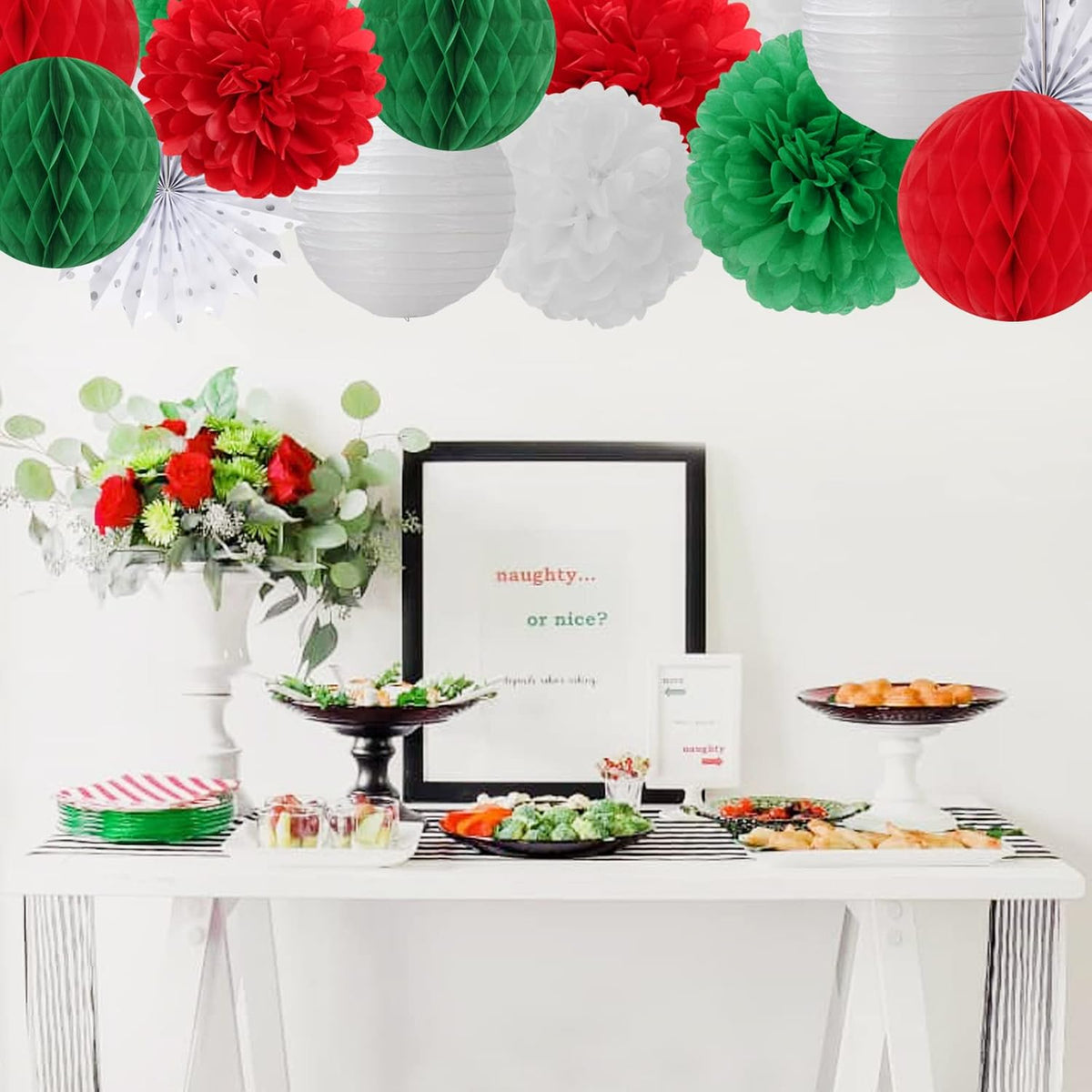 Red-Green White Party Decorations - 14pcs Winter Birthday New Year Paper Lanterns Fan,Italian Tissue Pom Poms Streamers,Honeycomb Balls, Wedding Baby Shower Decor Lasting Surprise