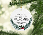 Andaz Press Personalized Our First Christmas As Mr. & Mrs. Christmas Ornaments Holly & Pine Wreath 2.8" Round Porcelain Ceramic Custom 1St Year Married Christmas Ornament 2024 for Newlyweds 1-Pack