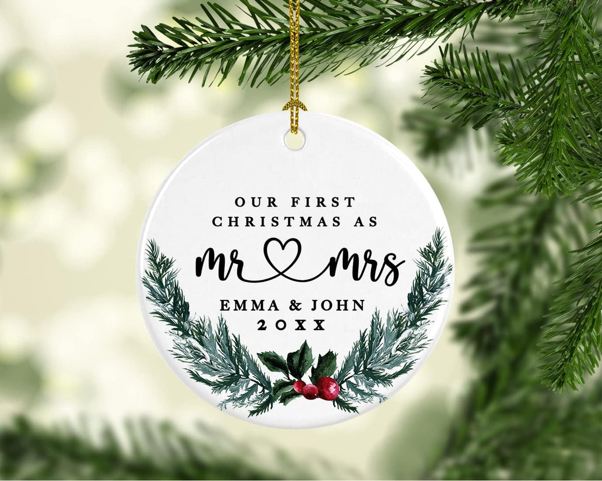 Andaz Press Personalized Our First Christmas As Mr. & Mrs. Christmas Ornaments Holly & Pine Wreath 2.8" Round Porcelain Ceramic Custom 1St Year Married Christmas Ornament 2024 for Newlyweds 1-Pack