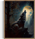 Wolf howling Poster Art Print, Halloween Scary Vintage Wall Art Academia Spooky Painting Decoration for Horror Prints, Gothic Posters Bedroom Decor 89 (Wolf howling, 11 x 14 inches, Wood Frame)
