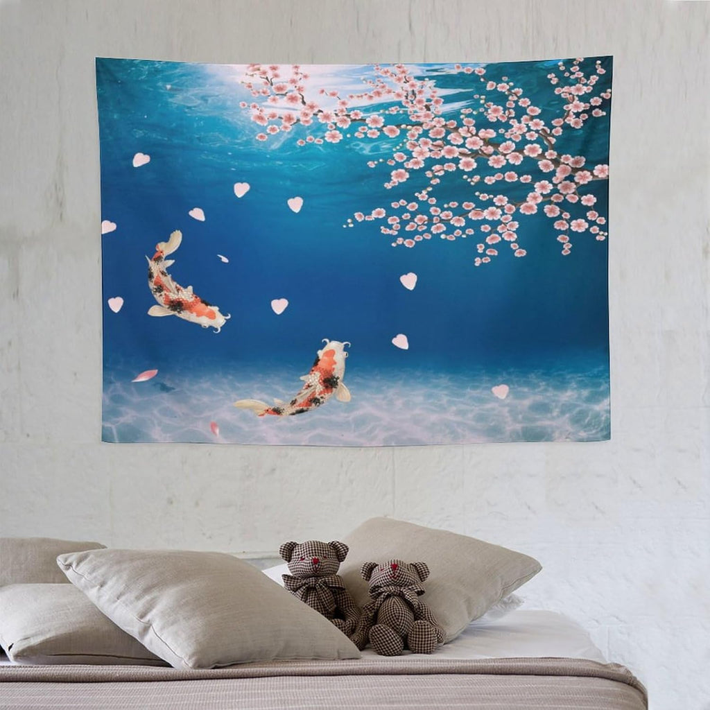 Japanese Koi Fish Tapestry, Cherry Blossoms Asian Oriental Blue Floral Branch Koi Fish Carp Tapestries Wall Hanging for Bedroom Living Room Office Decor 40"x30"