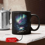 Customized Name Coffee Cup 11oz 15oz, Personalized Northern Lights Landscape Mug, Scenic Mountain And River Black Cup, Custom Northern Lights Inspired Ceramic Mug, Gift For Women