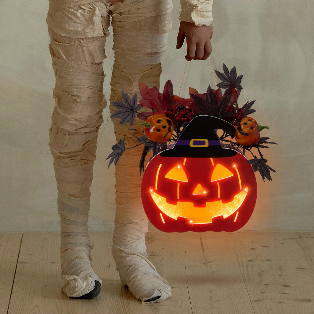 Halloween Door Decorations, Halloween Wreath Decorations Double-Sided Pumpkin with Timer Function, Light up Jack O Lantern for Front Door Window Wall Outside Decor, Battery Operated, 11 Inch