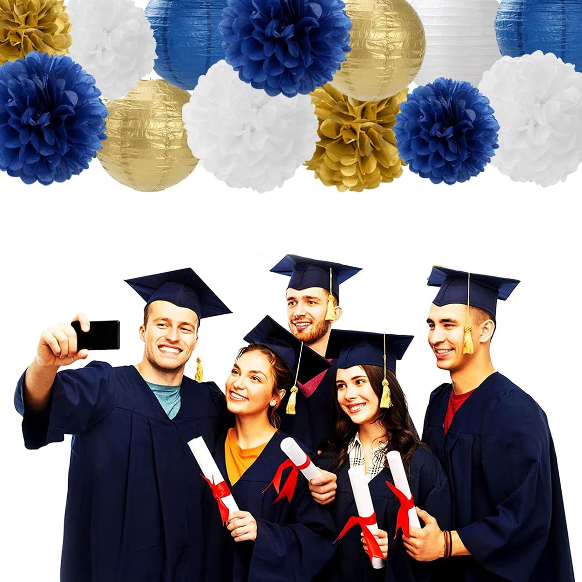 Navy-Blue Gold Party-Decorations Paper-Flowers Lanterns - 15PCS Royal White Baby Bridal Shower Tissue Pom Poms Streamers, Bachelorette Birthday Wedding Graduation Hanging Supplies Decor Hugfond