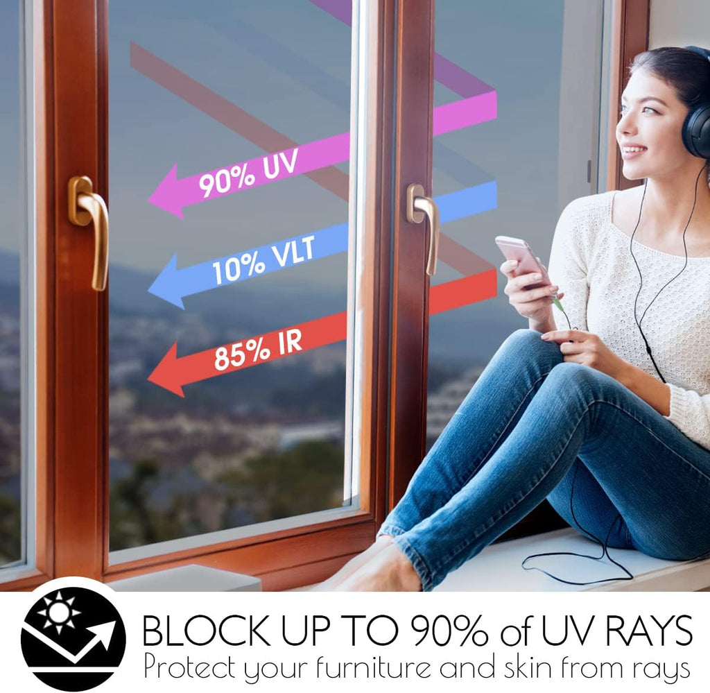 HIDBEA One Way Privacy Window Film, Daytime Mirror Reflective Heat Control UV Sun Blocking Non-Adhesive Static Cling Window Tint for Home and Office (Black-Silver, 29.5 Inch x 6.5 Feet)