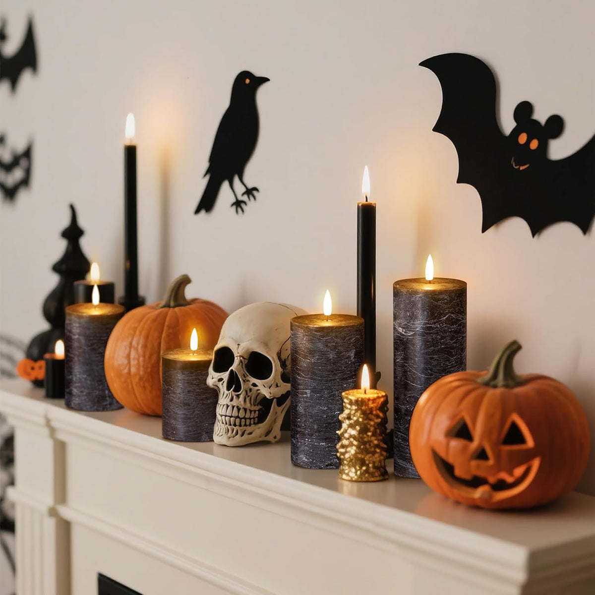 Halloween Flameless Candles, 4 Pack Battery Operated Halloween Candles with Remote, Wax LED Fake Pillar Candles Fireplace/Shelf Decor D3 H 5" 6" 7" 9" Black
