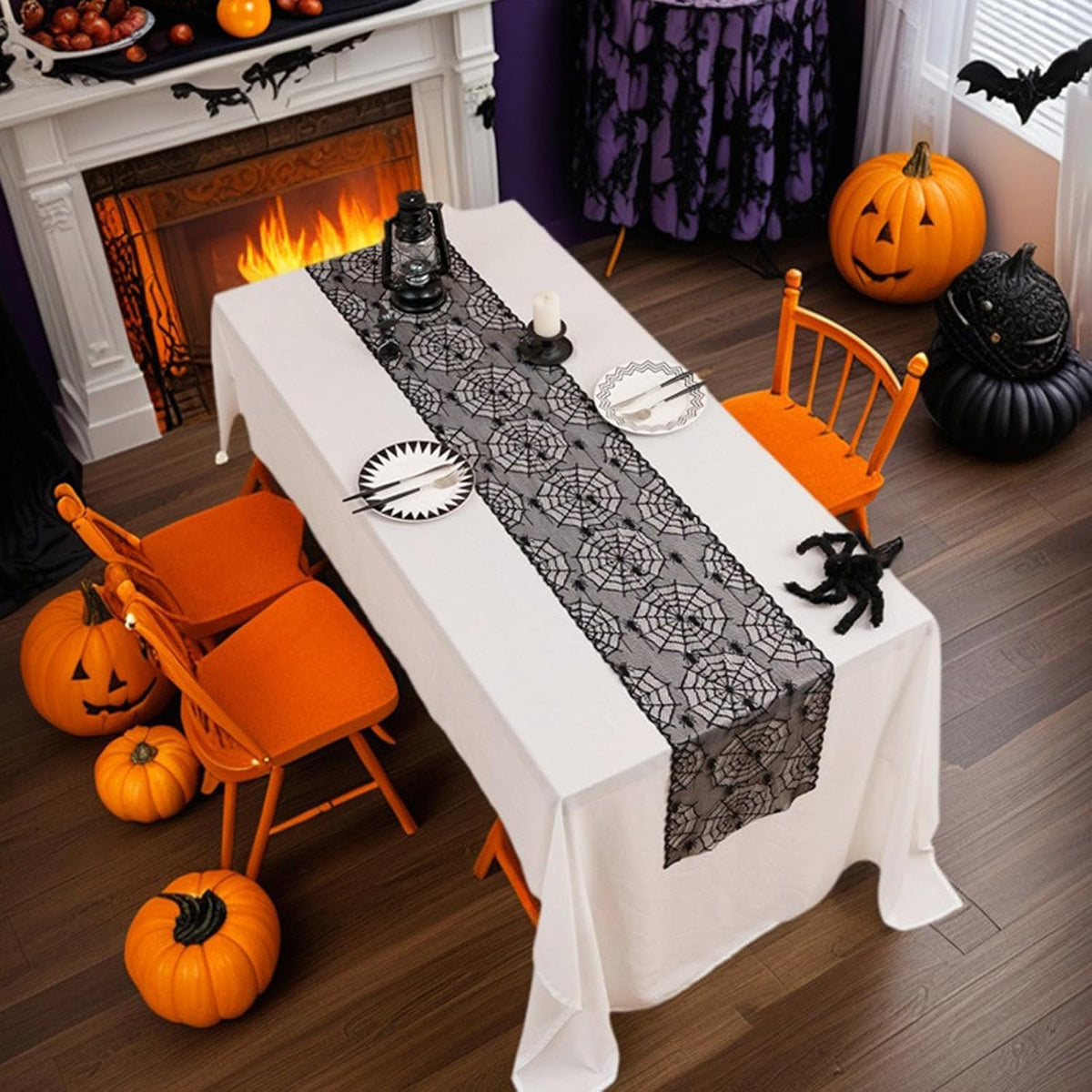 Halloween Lace Table Runners Black Gothic Spider and Cobweb Designs Lace Tablecloth Decorations Autumn Indoor Party Tabletop Cove for Halloween Decor Fireplace Mantel Scarf