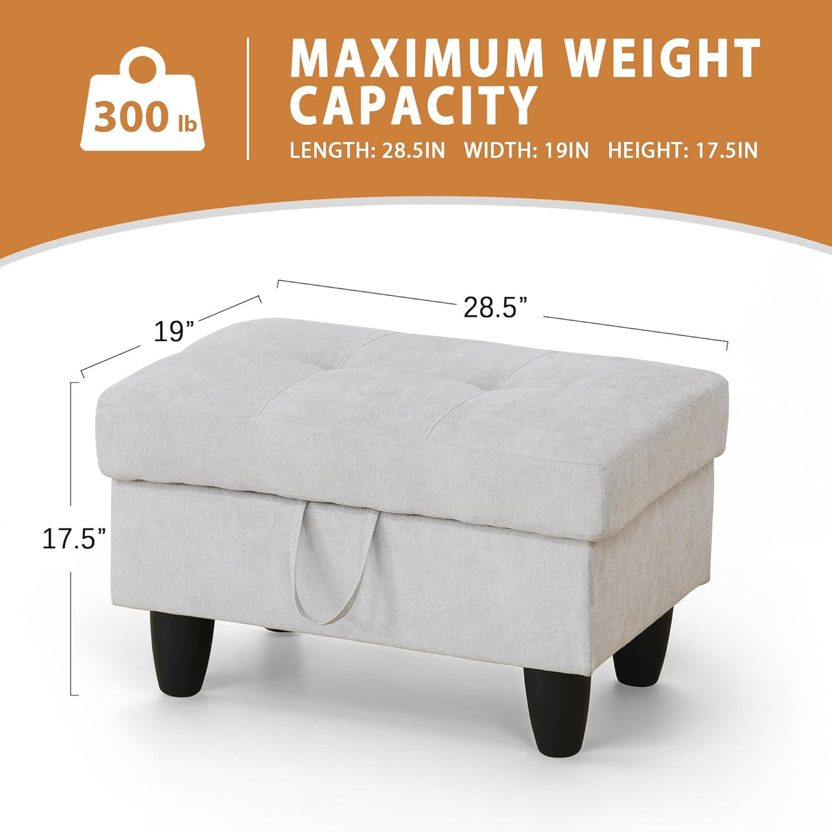 Ottoman Rectangular Storage Ottoman Bench, Flannel Footrest Stool Footstool with Lid for Living Room, Bedroom, Entryway, Khaki, 28.5"x19"x17.5"