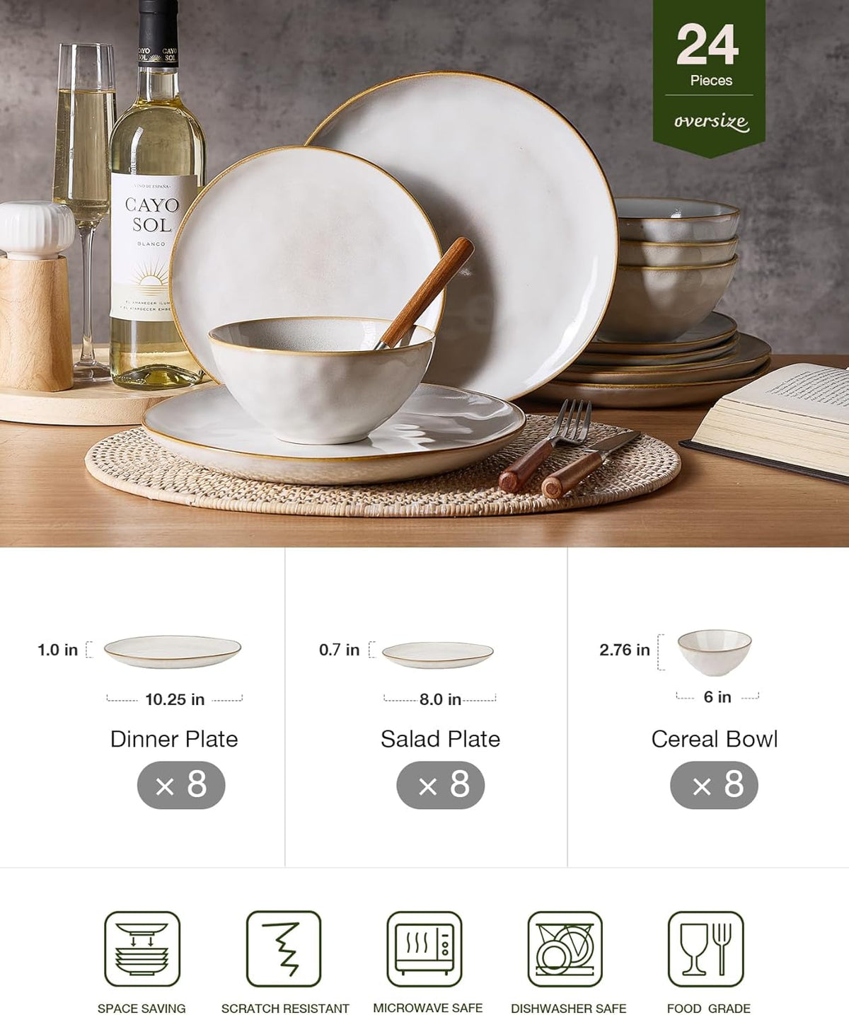 Famiware Dinnerware Sets for 8, Ocean Round 24-Piece Kitchen Plates and Bowls Sets, Reactive Glaze, Microwave and Dishwasher Safe, Scratch Resistant, Cappuccino White