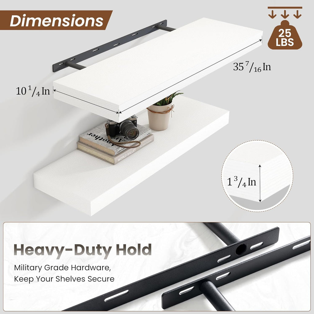 Heimlove 36 Inch Floating Shelves for Wall Set of 2,White Wall Shelves for Storage & Decor - Heavy Duty with Invisible Brackets,Perfect for Living Room,Bedroom,Home Office