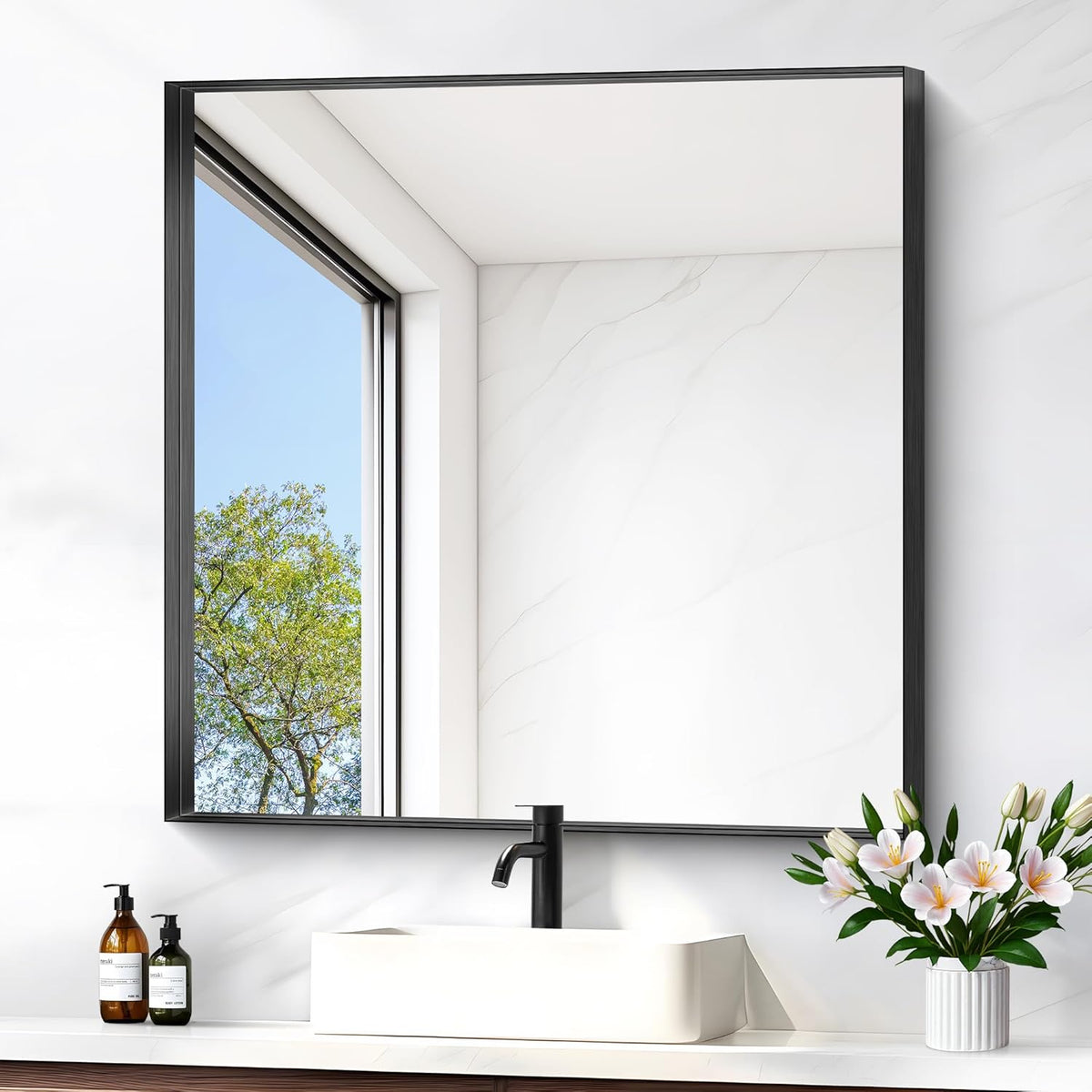 Black Bathroom Mirror, 30x30 Inch Rectangular Framed Mirror, Large Wall Mounted Bathroom Vanity Mirror Over Sink for Bedroom,Restroom, Living Room, Hangs Vertically or Horizontally