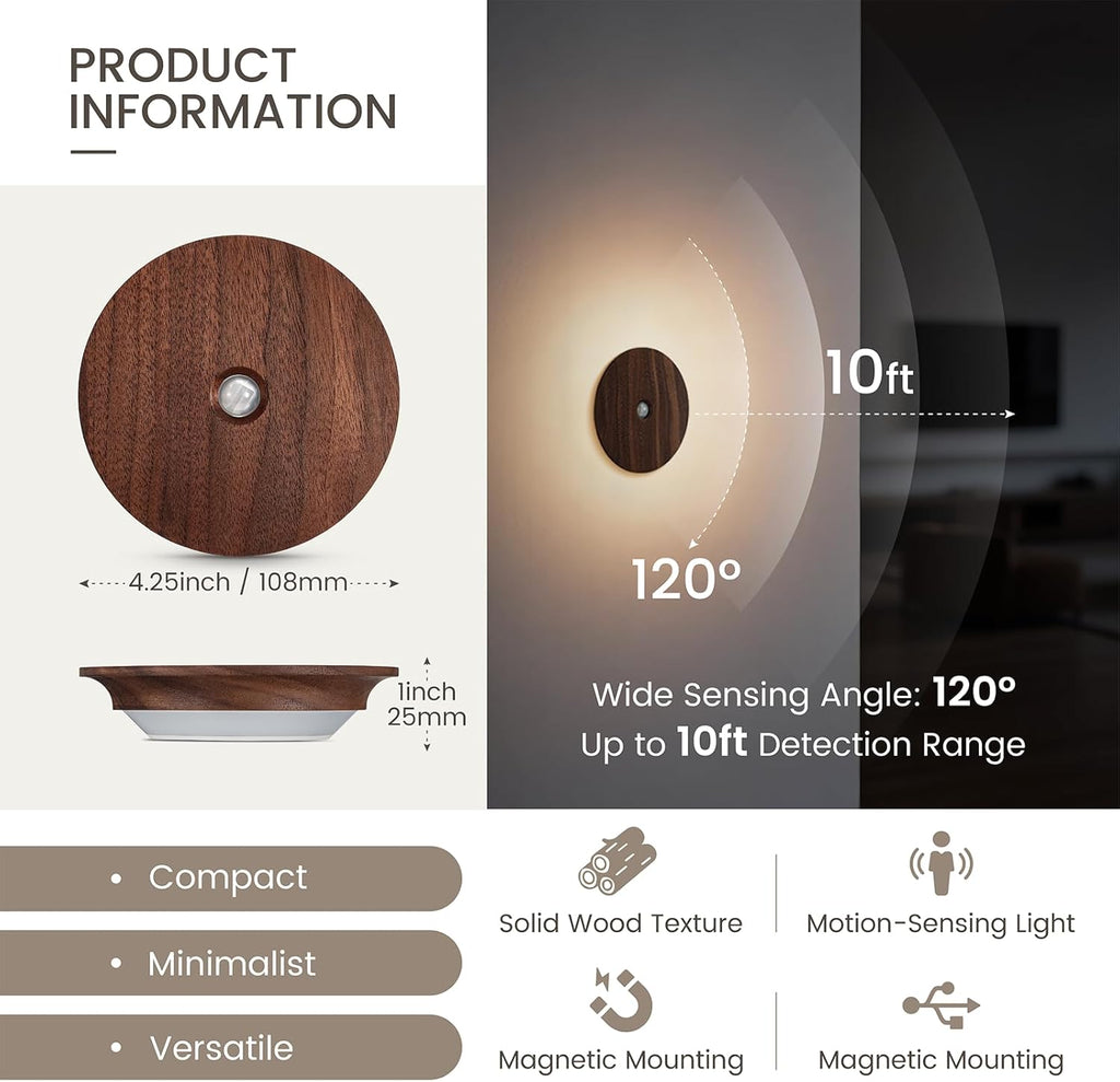 Motion Sensor Night Light Wood Rechargeable Battery-Powered Stick-On Step Lights Loftie Lights Magnetic Closet Warm Nightlight for Hallway Bedroom Stair (2 Pack Black Walnut)