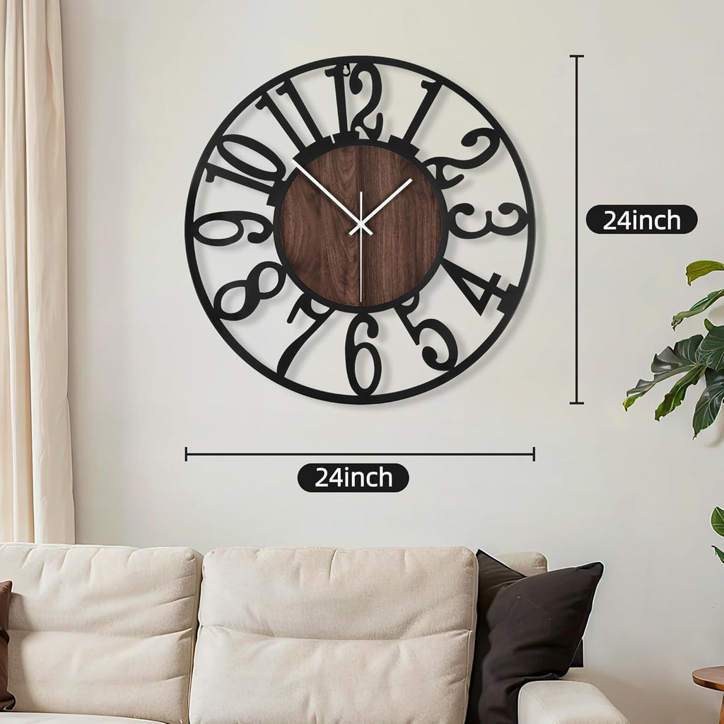Maxstar Large Round Wall Clock for Living Room Decor Battery Operated Non Ticking Black Metal Wood Clocks for Home Living Room Garden Farmhouse Office Kitchen Decoration -24 inch
