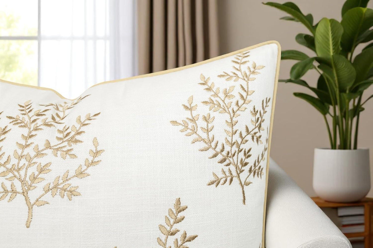 VAGMINE Embroidered Leaves Throw Pillow Cover - 18x18 Inches Square - 100% Cotton Ivory Decorative Cushion Cover - Minimalistic Pattern - Soft Neutral Accent for Sofa, Bed, Couch, Farmhouse Décor