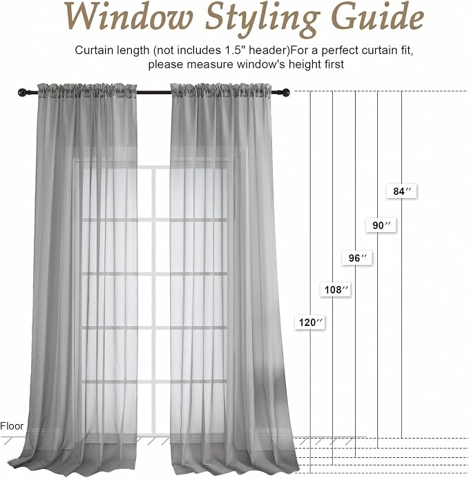 Charcoal Grey Sheer Curtains 72 Inches Long 2 Panels Set, Light Filtering Sheer - Image 2