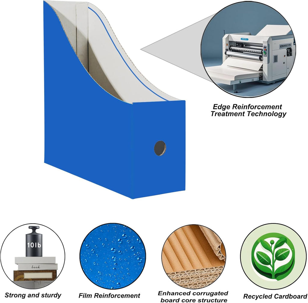 24 Pack Cardboard Magazine File Holder for Desktop ，Blue Book Bins for Classroom Library, Office or Home, Vertical Paper Boxes for Storage with Label(10.6" H x 10.2" L x 3.5" W in)